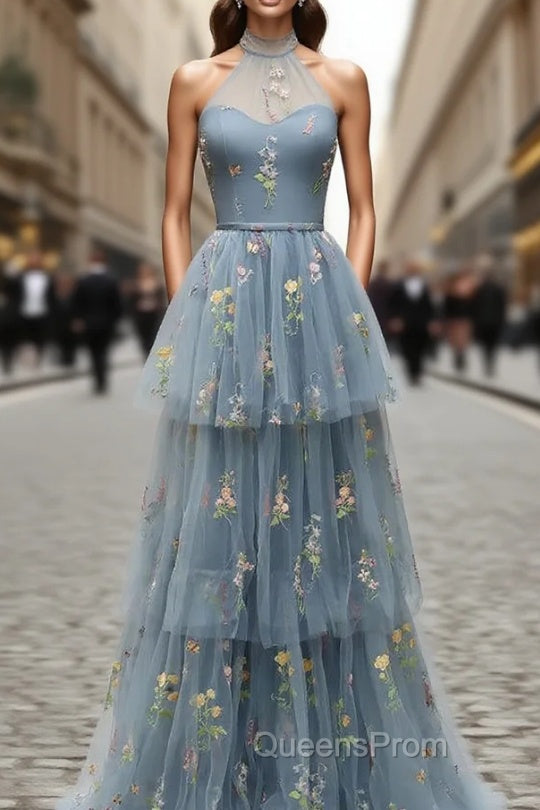 Gray Blue Tulle Halter Evening Prom Dress Main image