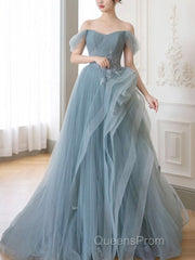 Gray Blue Tulle Lace Long Evening Prom Dress, Gray Blue Formal Dress