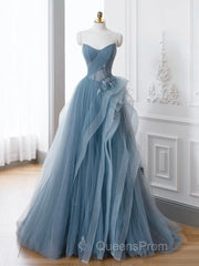 Gray Blue Tulle Lace Long Evening Prom Dress, Gray Blue Formal Dress