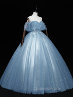 Gray Blue Tulle Lace Long Evening Prom Dress, Gray Blue Tulle Evening Dress