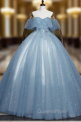 Gray Blue Tulle Lace Long Evening Prom Dress, Gray Blue Tulle Evening Dress