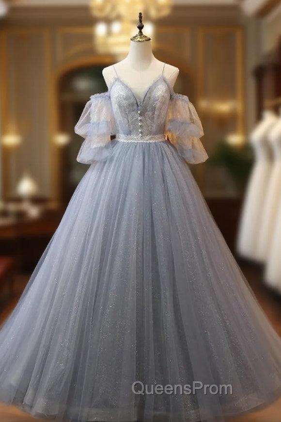 Gray Blue Tulle Lace Short Sleeve Evening Prom Dress Main image