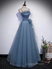 Gray Blue Tulle Long Evening Prom Dress A Line Evening Dress Formal Dress December Wedding Guest Dress