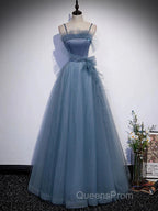 Gray Blue Tulle Long Evening Prom Dress A Line Evening Dress Formal Dress December Wedding Guest Dress