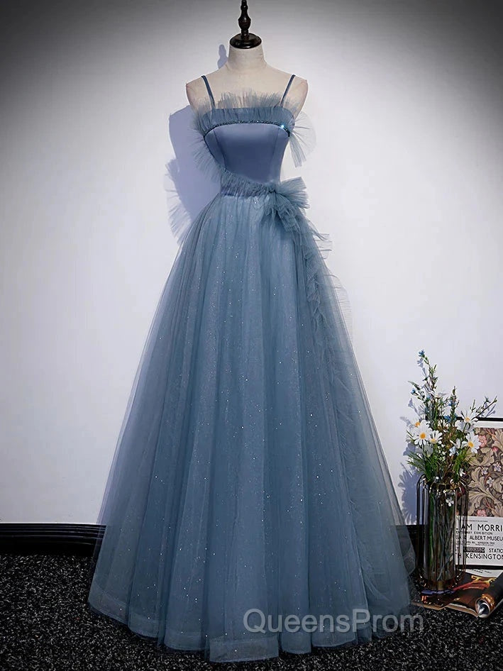 Gray Blue Tulle Long Evening Prom Dress A Line Evening Dress Formal Dress December Wedding Guest Dress
