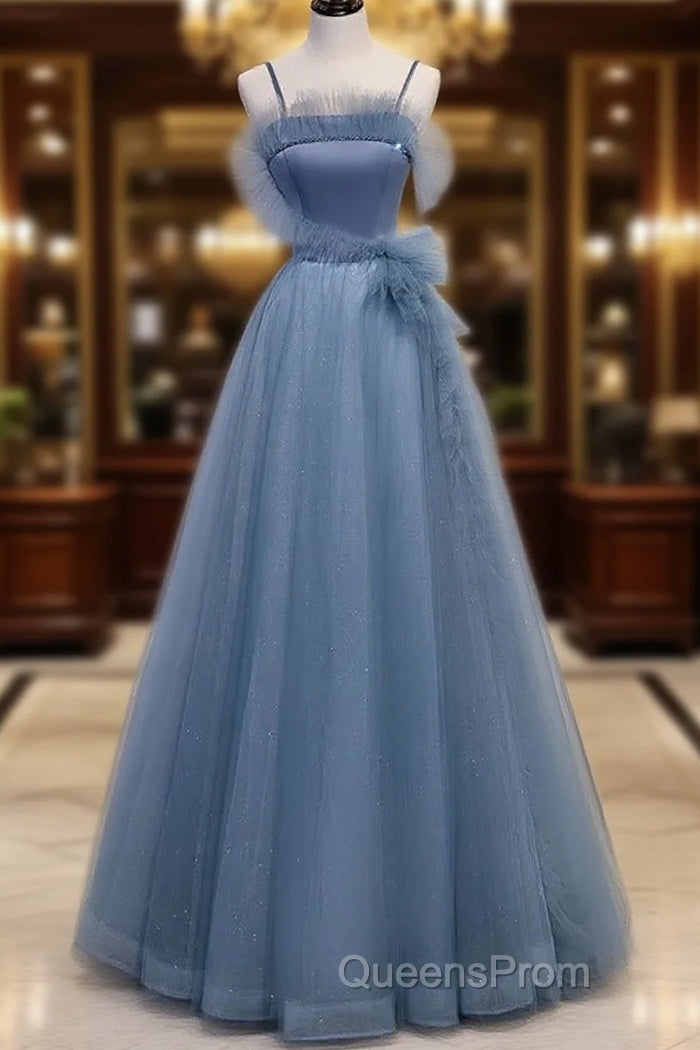 Gray Blue Tulle Long Evening Prom Dress A Line Evening Dress Formal Dress December Wedding Guest Dress Main image