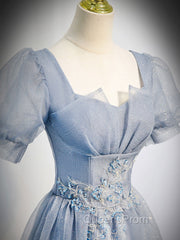 Gray Blue Tulle Long Evening Prom Dress, Gray Blue Tulle Evening Dress