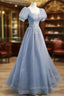Gray Blue Tulle Long Evening Prom Dress, Gray Blue Tulle Evening Dress
