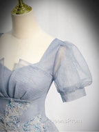Gray Blue Tulle Long Evening Prom Dress, Gray Blue Tulle Evening Dress