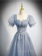 Gray Blue Tulle Long Evening Prom Dress, Gray Blue Tulle Evening Dress