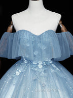 Gray Blue Tulle Off Shoulder Long Evening Prom Dress, Blue Tulle Evening Dress