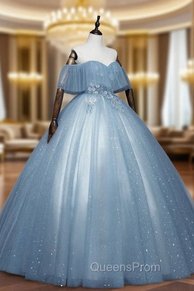 Gray Blue Tulle Off Shoulder Long Evening Prom Dress, Blue Tulle Evening Dress Main image