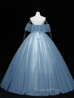 Gray Blue Tulle Off Shoulder Long Evening Prom Dress, Blue Tulle Evening Dress