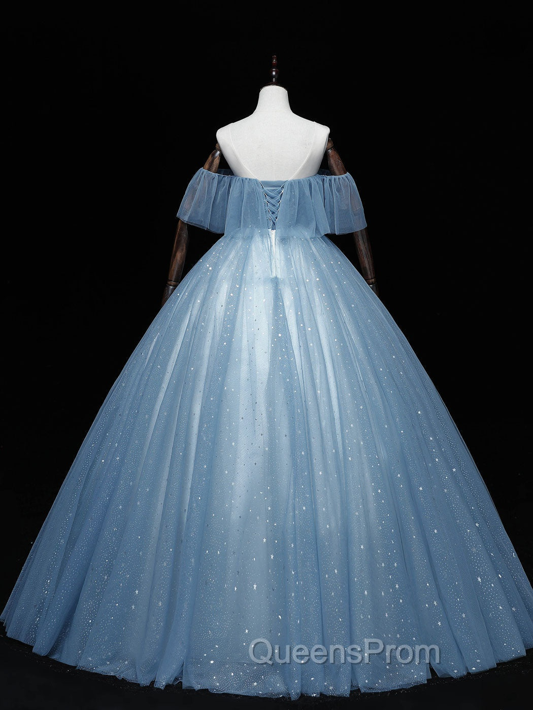 Gray Blue Tulle Off Shoulder Long Evening Prom Dress, Blue Tulle Evening Dress