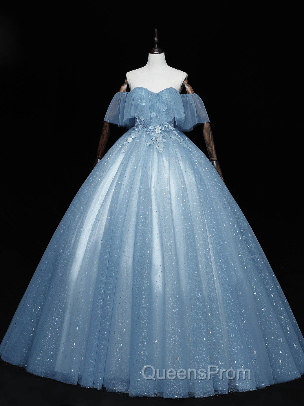 Gray Blue Tulle Off Shoulder Long Evening Prom Dress, Blue Tulle Evening Dress