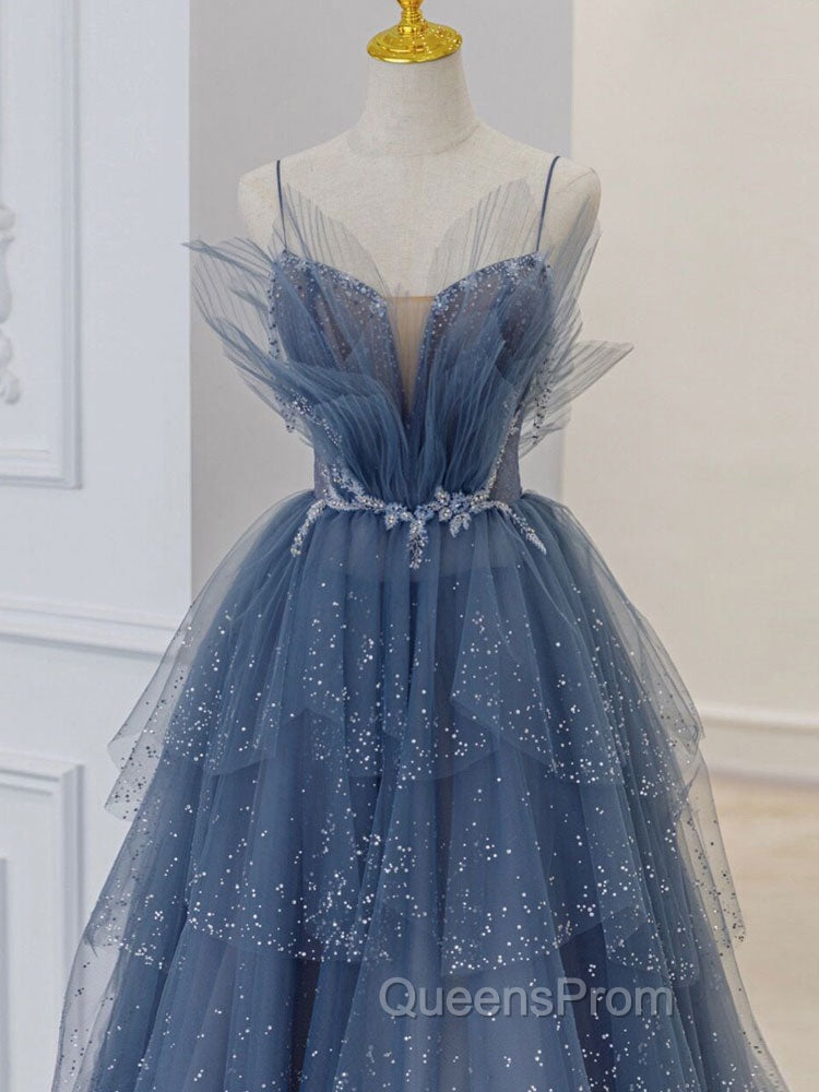 Gray Blue Tulle Sequin Beads Long Evening Prom Dress, Blue Evening Dress Secondary image