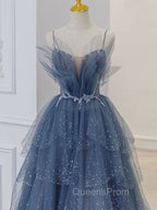 Gray Blue Tulle Sequin Beads Long Evening Prom Dress, Blue Evening Dress