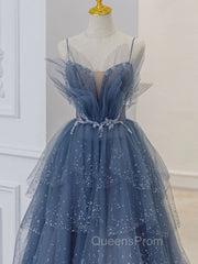 Gray Blue Tulle Sequin Beads Long Evening Prom Dress, Blue Evening Dress