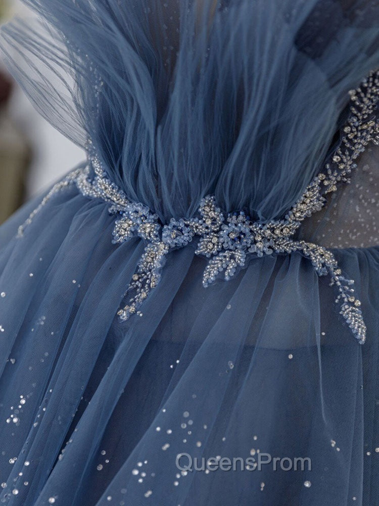 Gray Blue Tulle Sequin Beads Long Evening Prom Dress, Blue Evening Dress