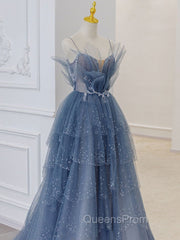 Gray Blue Tulle Sequin Beads Long Evening Prom Dress, Blue Evening Dress