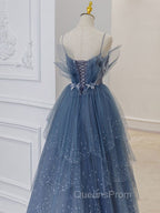 Gray Blue Tulle Sequin Beads Long Evening Prom Dress, Blue Evening Dress