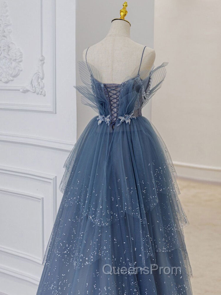 Gray Blue Tulle Sequin Beads Long Evening Prom Dress, Blue Evening Dress
