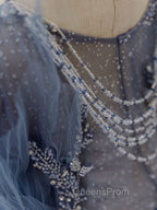 Gray Blue Tulle Sequin Beads Long Evening Prom Dress, Blue Evening Dress