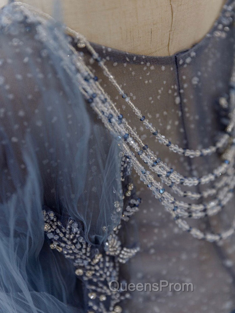 Gray Blue Tulle Sequin Beads Long Evening Prom Dress, Blue Evening Dress