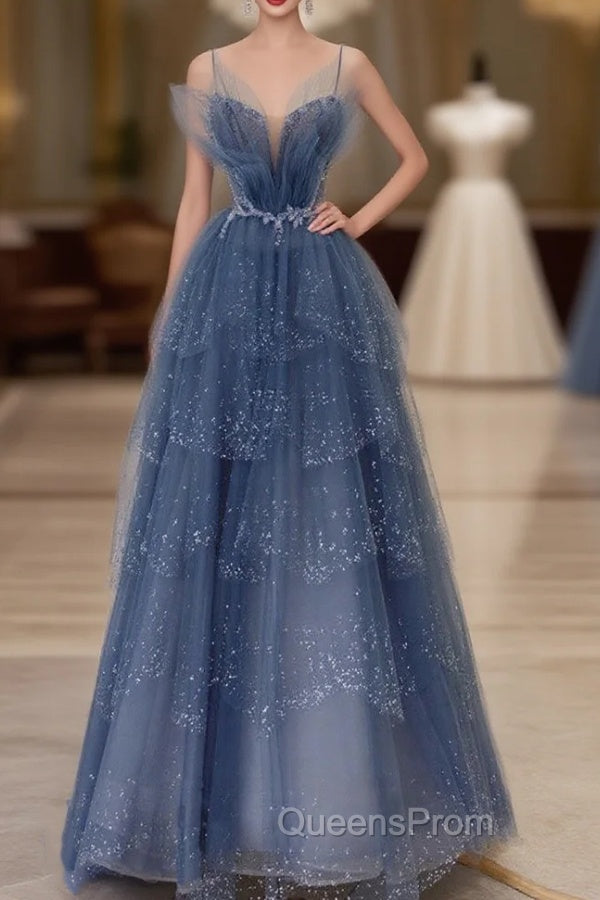 Gray Blue Tulle Sequin Beads Long Evening Prom Dress, Blue Evening Dress Main image