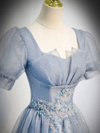 Gray Blue Tulle Sequin Long Evening Prom Dress, Gray Blue Evening Dress
