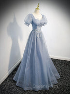 Gray Blue Tulle Sequin Long Evening Prom Dress, Gray Blue Evening Dress