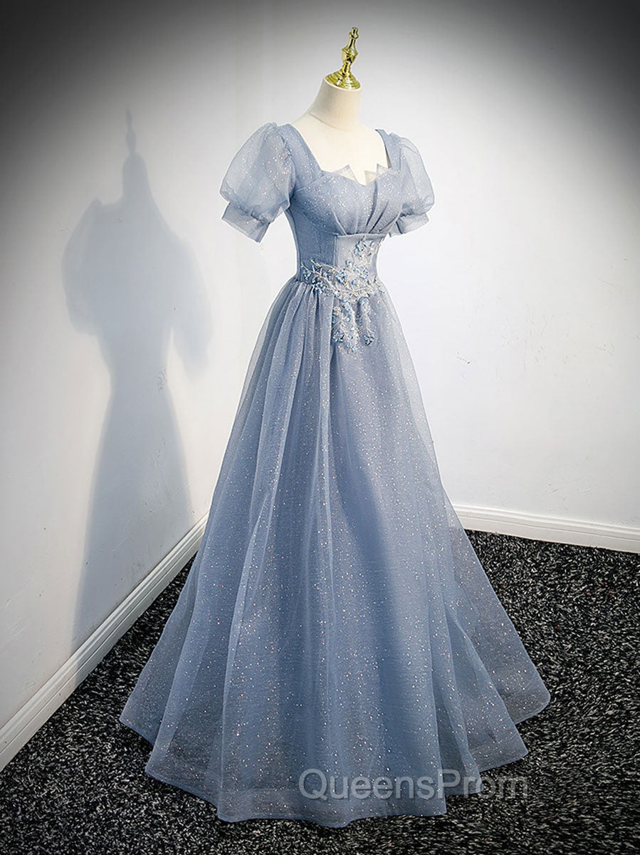 Gray Blue Tulle Sequin Long Evening Prom Dress, Gray Blue Evening Dress