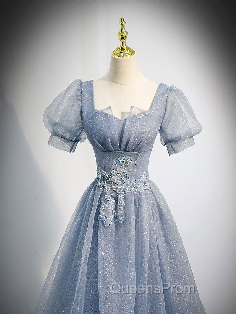 Gray Blue Tulle Sequin Long Evening Prom Dress, Gray Blue Evening Dress