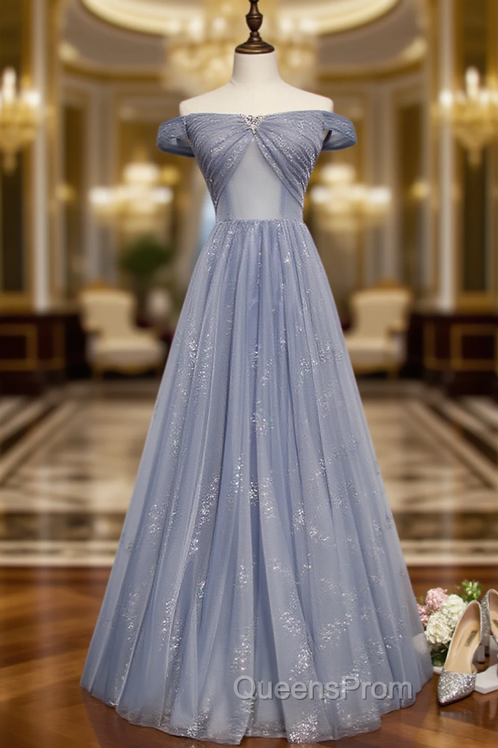 Gray Blue Tulle Sequins Off the Shoulder Beading Crystal Evening Prom Dress