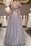 Gray Blue Tulle Sequins Pleats Beading Evening Prom Dress