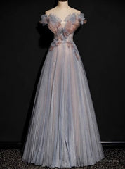 Gray Blue Tulle Sequins Pleats Beading Prom Dress