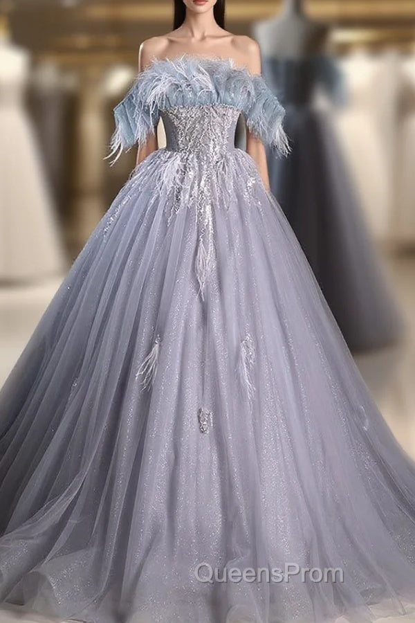 Gray Blue Tulle Sequins Strapless Feather Evening Prom Dress