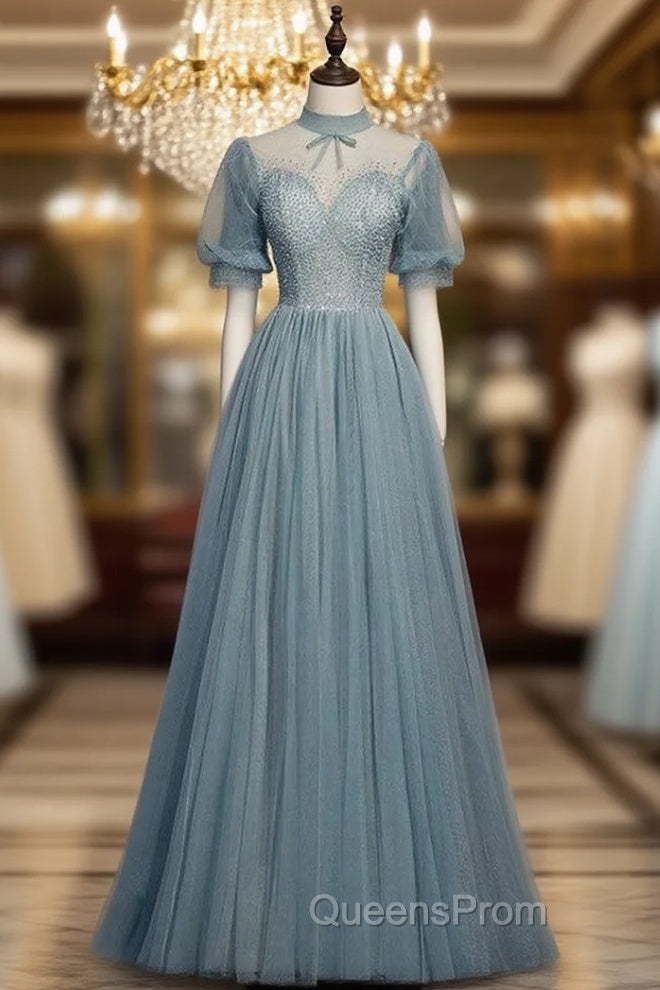 Gray Blue Tulle Short Sleeve High Neck Beading Evening Prom Dress Main image