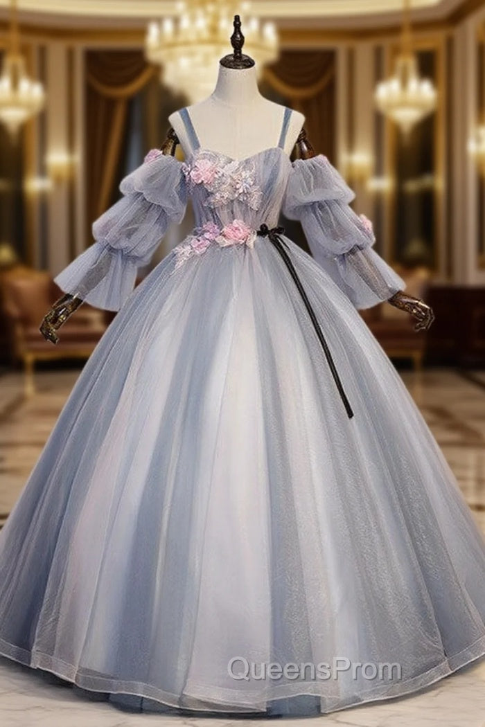 Gray Blue Tulle Spaghetti Straps Appliques Quinceanera Dress Main image