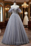 Gray Blue Tulle Strapless Beading Evening Prom Dress