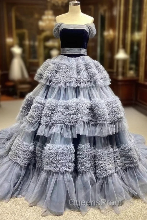 Gray Blue Tulle Straps Pleats Evening Prom Dress