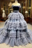 Gray Blue Tulle Straps Pleats Evening Prom Dress