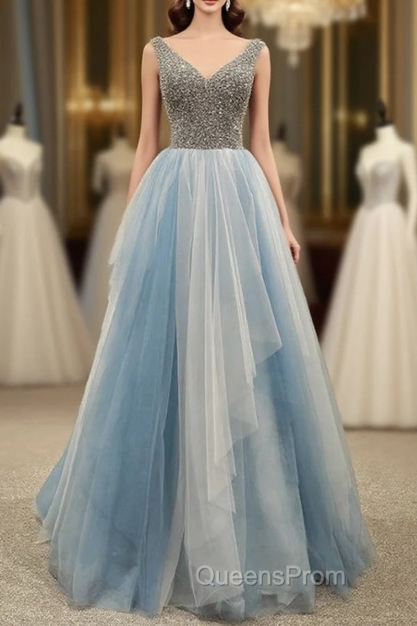 Gray Blue Tulle V-neck Backless Evening Prom Dress With Beading Main image