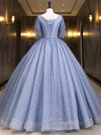 Gray Blue V Neck Tulle Long Evening Prom Dress, Blue Long Sweet 16 Dress