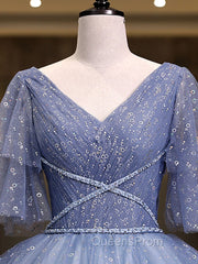 Gray Blue V Neck Tulle Long Evening Prom Dress, Blue Long Sweet 16 Dress