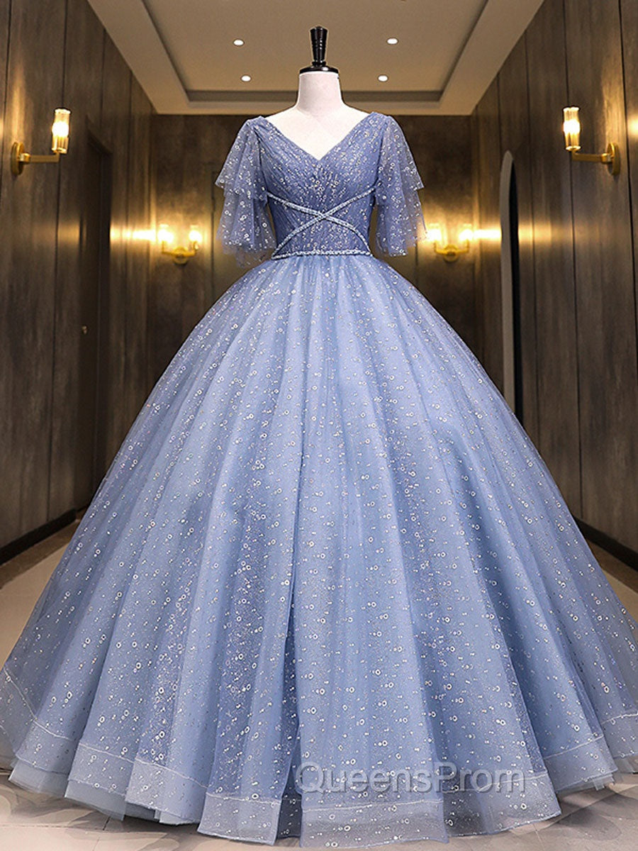 Gray Blue V Neck Tulle Long Evening Prom Dress, Blue Long Sweet 16 Dress Main image