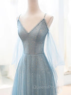 Gray Blue V Neck Tulle Sequin Long Evening Prom Dress, Blue Evening Dress