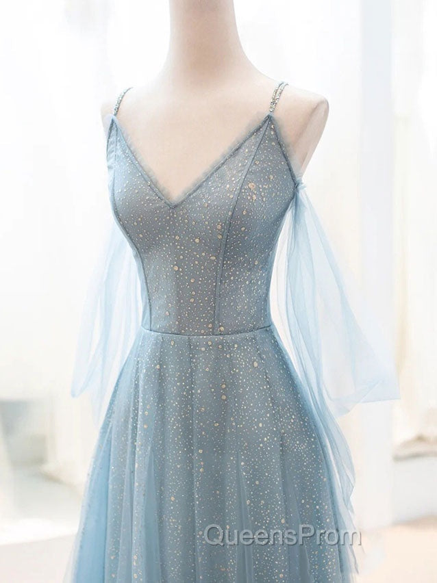 Gray Blue V Neck Tulle Sequin Long Evening Prom Dress, Blue Evening Dress