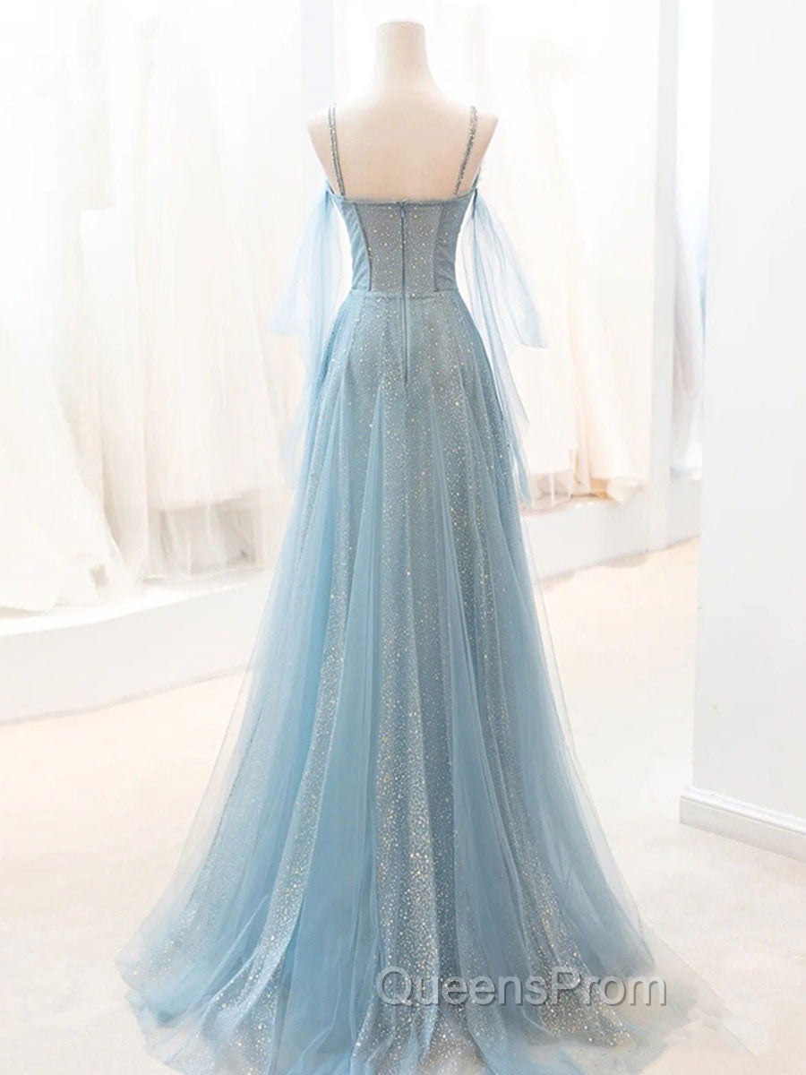 Gray Blue V Neck Tulle Sequin Long Evening Prom Dress, Blue Evening Dress Secondary image