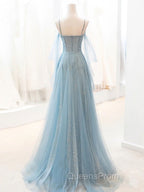 Gray Blue V Neck Tulle Sequin Long Evening Prom Dress, Blue Evening Dress